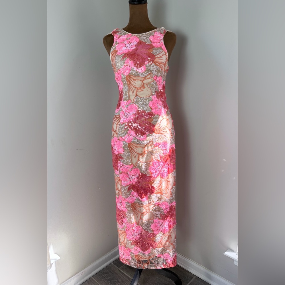 Muse Pink and Red Floral Sequin Maxi Dress - Picture 4 of 16
